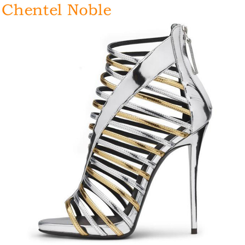 

2020 Newest Chentel High Heel Hollow Silver Gold Sandals Shoes Behind Zipper Embellished Stiletto Women Sandal Big Size Summer, As picture
