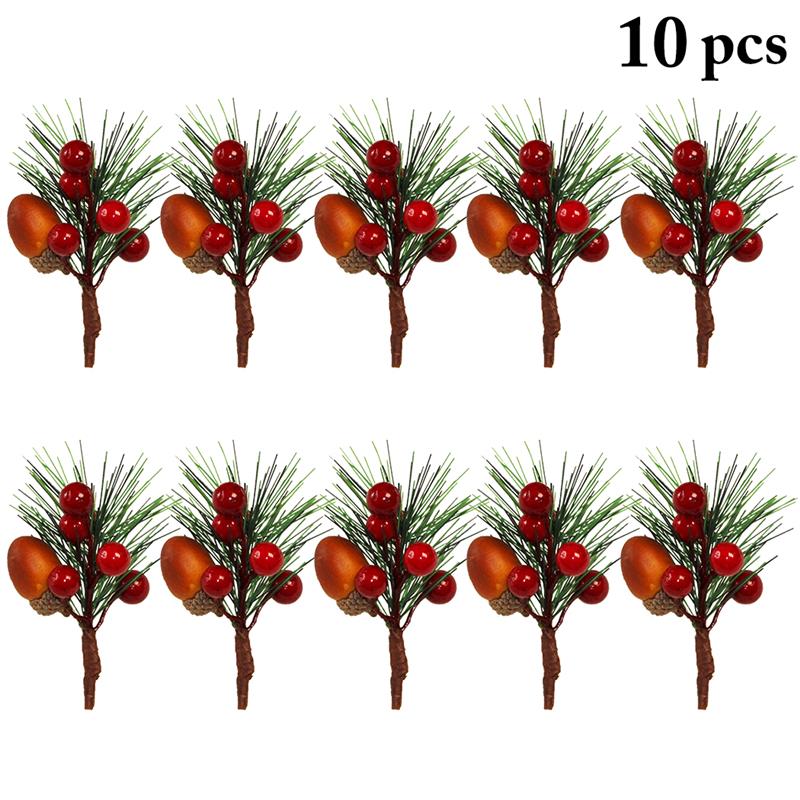 

10pcs Artificial Flower Red Christmas Berry And Pine Cone Picks With Holly Branches For Holiday Floral Decor Flower Crafts