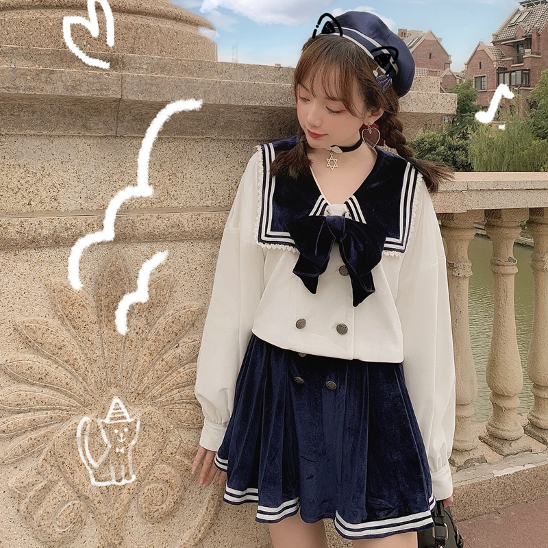 

Princess sweet lolita coat Bobon21 Autumn and winter Japanese Navy collar Uniform velvet double breasted coat women C1791, Black skirts