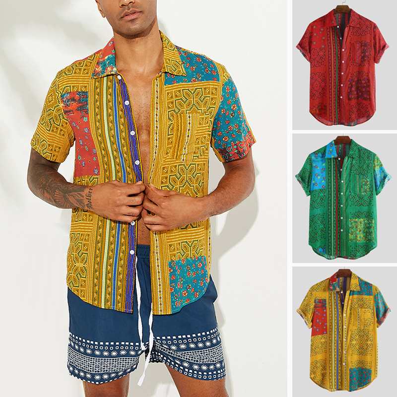 

Ethnic Style Shirt Men Printing Casual Button Short Sleeve Stylish Vintage Beach Hawaiian Shirt Breathable Camisa New Style 2020, Green shirt