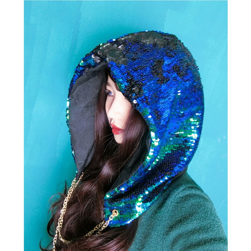 

Women Reversible Fish Scales Sequins Rave Hood Hat Halloween Music Festival Party Costume Glitter Cap with Long Chain