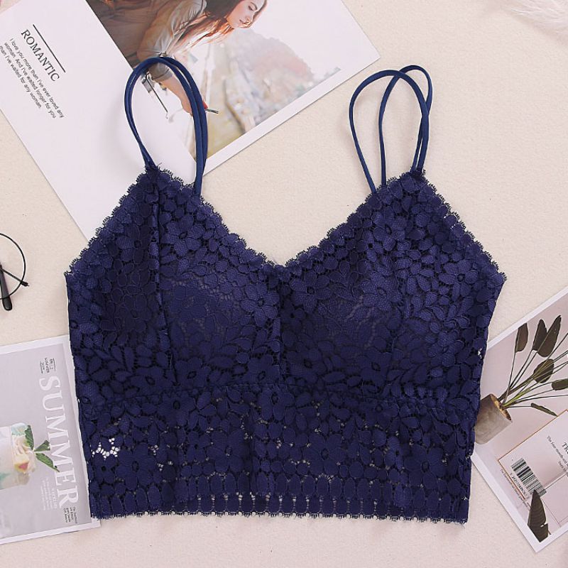

Seamless Women Tank Tops Sexy Lace Floral Padded Wireless Bra Women Lingerie Crop Top Tube Top Crochet Vest Deep V-Neck Fashion, A-01
