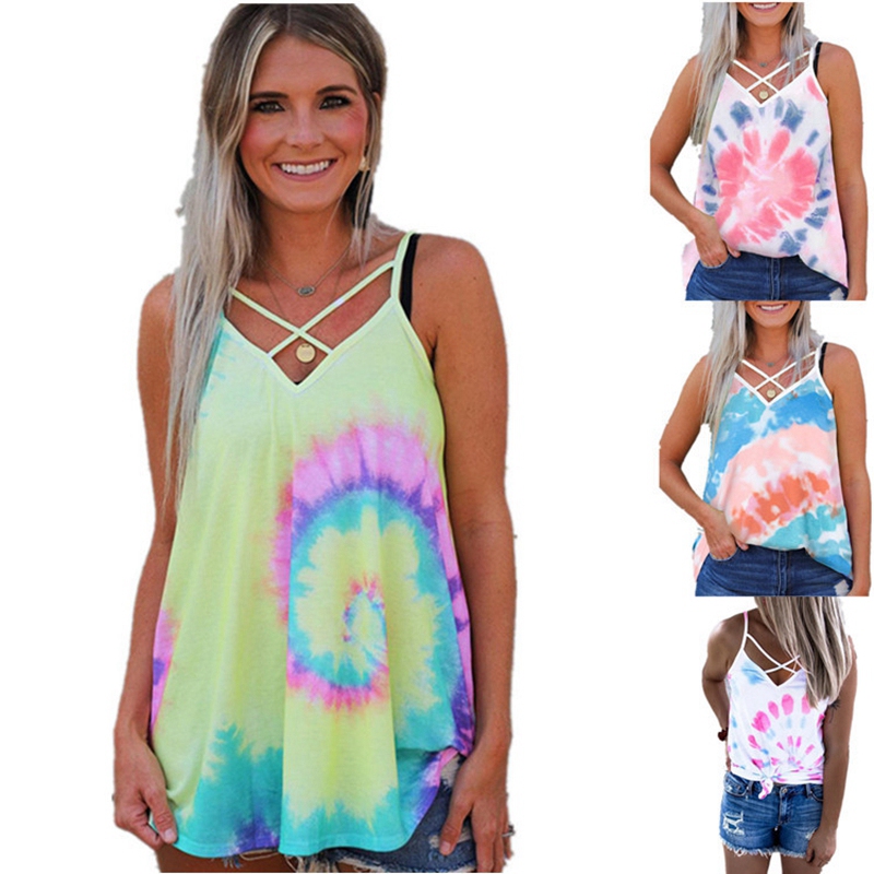 

Tie Dye Tank Top Sexy Hollow Out Tee Shirts Women V-neck Top Casual Sleeveless Tees Female Tie-dye Vest, White
