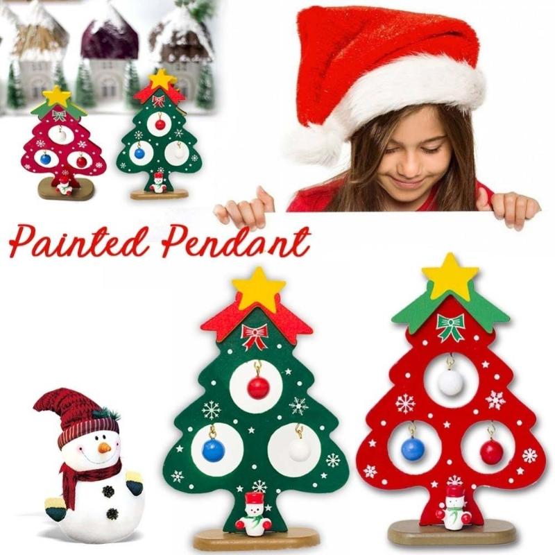 

Christmas Decorations 14cm Diy Tree Ornaments Wodeen Wooden Toy Office Desktop Home Holiday