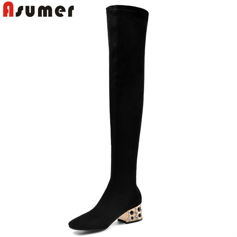 

ASUMER 2020 big size 45 thigh high boots women suede leather slim stretch boots crystal square heels party wedding shoes woman, Black not fur