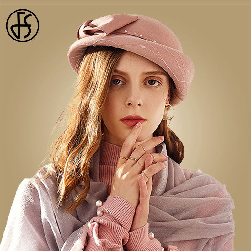 

FS British Pink Wool Hats For Women Black Beret Hat French Winter Felt Caps Pearl Berets Femme Stewardess Hats Fedoras, Pink wool fedora