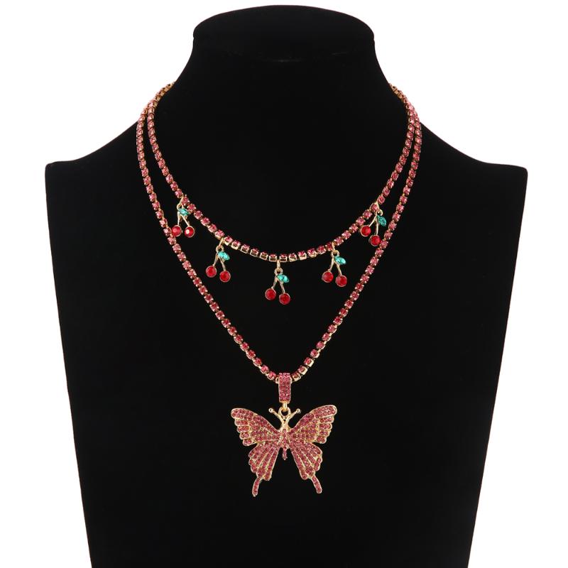 

Crystal Cherry Necklace women rhinestone chain choker Butterfly Pendant Necklaces 2020 Fashion Sweet Fruit jewelry Gift