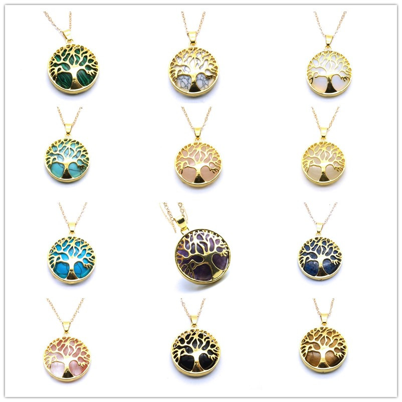 

Tree of Life Stone Necklace Pink Tinger's Eye Gemstone Charms Necklace Rose Quartz Druzy Jewelry Women