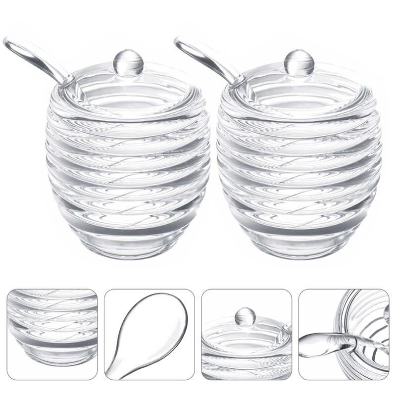 

2pcs Acrylic Honey Jar Pot Juice Honey Syrup Storage Bottle with Spoons