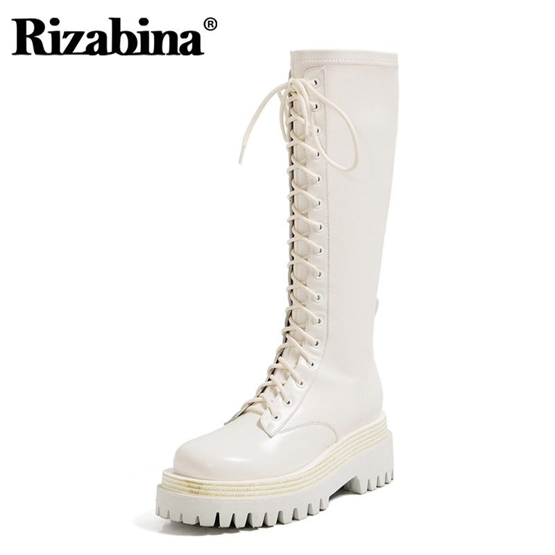 

Rizabina Real Leather Woman Knee Boots Fashion Platform Cross Strap Warm Winter Shoes Woman Thick Heel Short Boot Size 34-40, Black