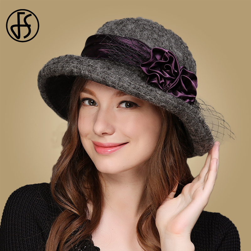 

FS Elegant Women Wool Fishman Hat Winter Warm Felt Fedoras Fashion Black Red Wide Brim Veil Flower Bowler Cloche Hats