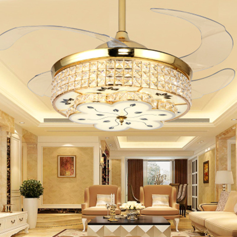 

IKVV European-style Invisible Crystal Fan Lamp Living Room Dining Room Bedroom Simple Modern Ceiling Fan Lamp With Led Chand