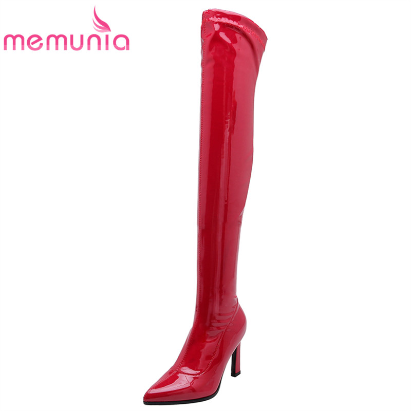 

MEMUNIA 2020 Women Over The Knee High Boots Woman Slip on Winter Shoes Thin High Heel Pointed Toe Thigh Women Boots Size 34-43, Black