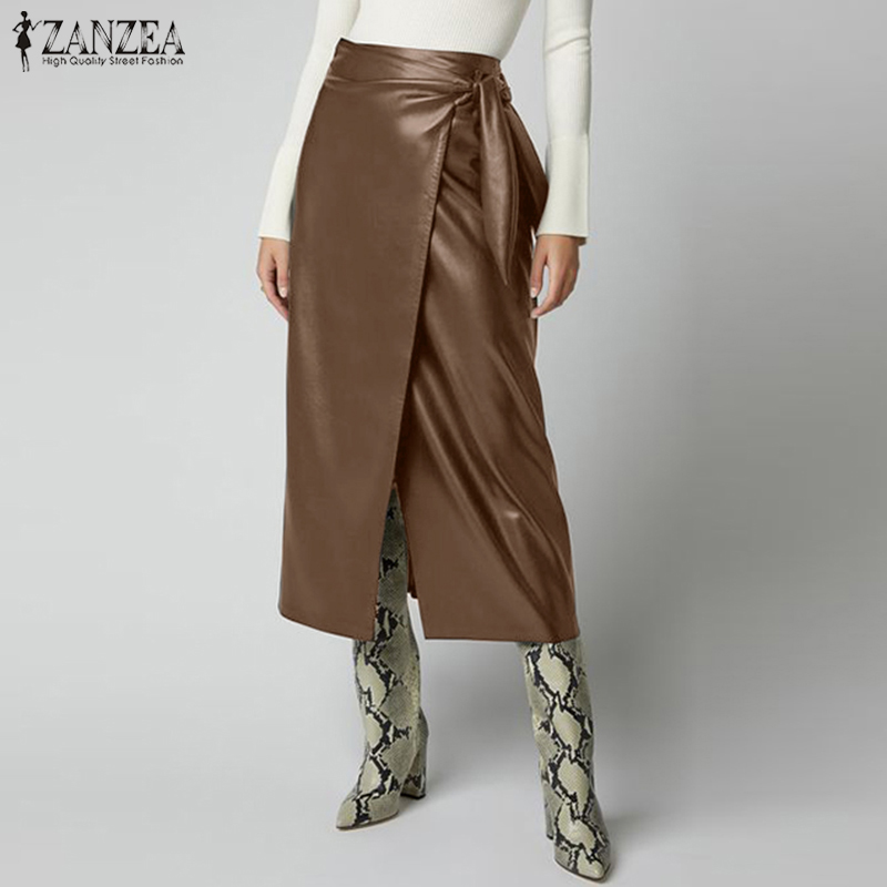 

ZANZEA 2020 Women' PU Leather Vestidos Elegant Button Skirts High Waist Split Lace-Up Midi Skirts Female Solid Robe Oversized, Black