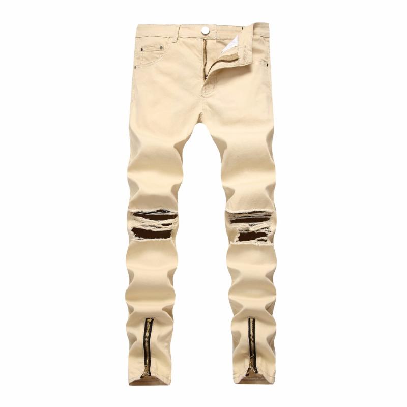 

Knee Ripped Jeans Men Skinny Color Denim Pants Brand Designer Slim Fit Hi-Street Mens Distressed Joggers Holes Washed Destroyed, Khaki