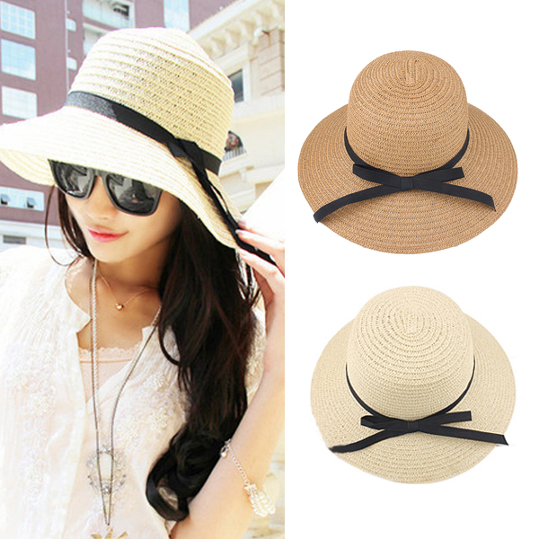 

Newest Sun Hat Beach Cap Bow-Tie Floppy Brim Bohemia Cap for Ladies or Girls, White