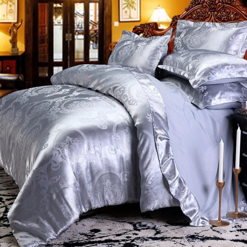 

Dropshipping Wedding Luxury Bedding Sets Jacquard Queen/King Size Duvet Cover Set wedding Bedclothes Bed Linen Silver gray, A201807
