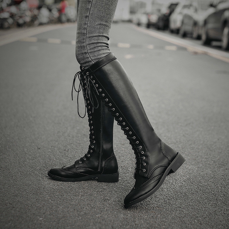 

women low heels knee high boots gladiator booties plus size lace up PU leather warm shoes zapatos de hombres personlizar D2000, Black