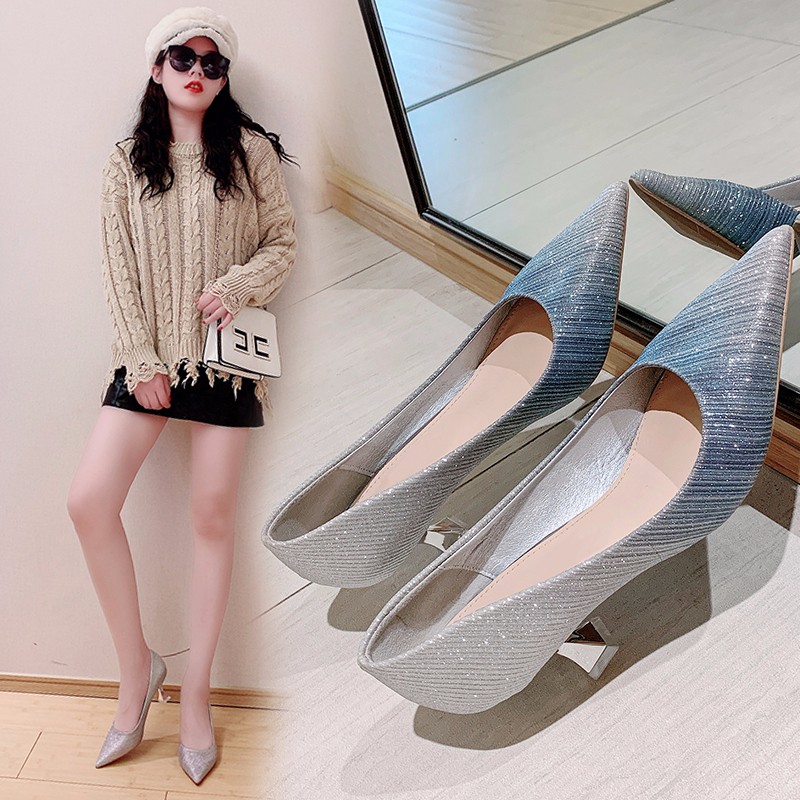 

Spring Autumn Women Pumps Bling High Heels Wedding Shoes Female Glasses Heeled Dress Shoes Gradation Silver zapatos mujer N7948L, Blue