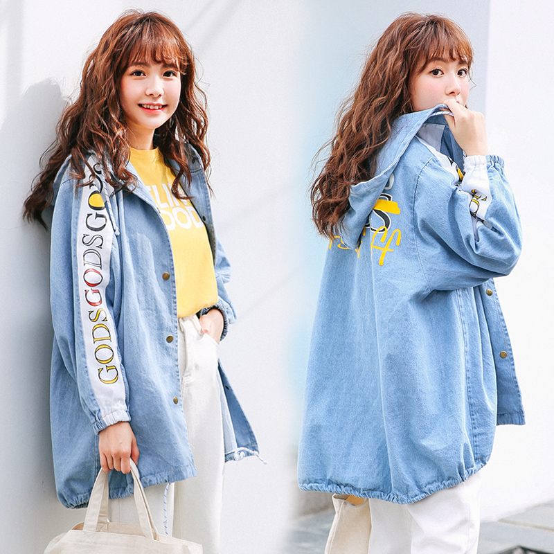

Denim Trench Coats Women 2020 Spring Autumn Korean Fashion Letters Print BF Loose Plus Size Hooded Jeans Outwear trench femme, Denim blue