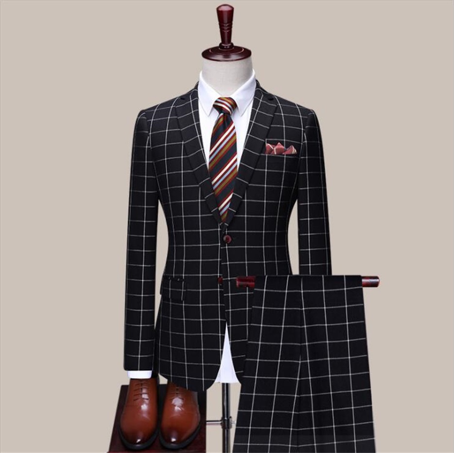 

Men Suit Black Plaid Check Design Suits 3 Pieces 2 Button Groom Wedding Formal Tuxedos Business Men Wear, Brown