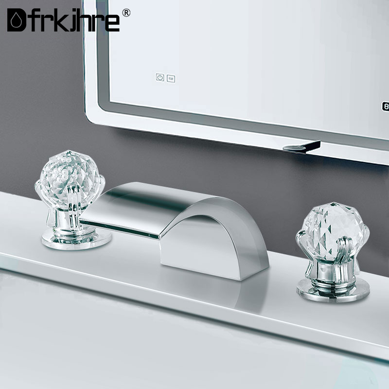 

Basin Waterfall Faucets Bathroom Deck Mounted Double Handle Brass Square Sink Faucets Chrome Hot And Cold Water Mixer Tap