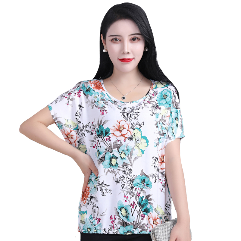 

2020 Summer T Shirt Women Short Sleeve Printing Tshirts Plus Size Loose Casual Middle-aged Women Milk Silk T-Shirt Female Tops