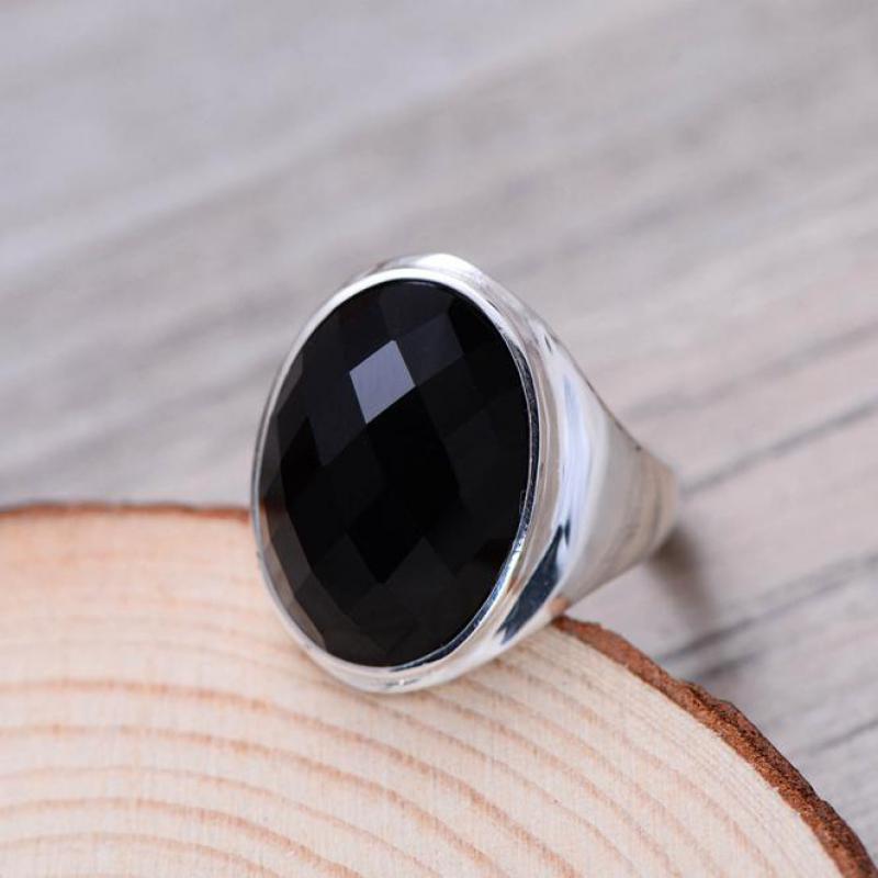 

Real 925 Sterling Silver Black Onyx Rings For Women Simple Smooth Oval Shaped Multi-faceted Natural Stone Resizable Rings