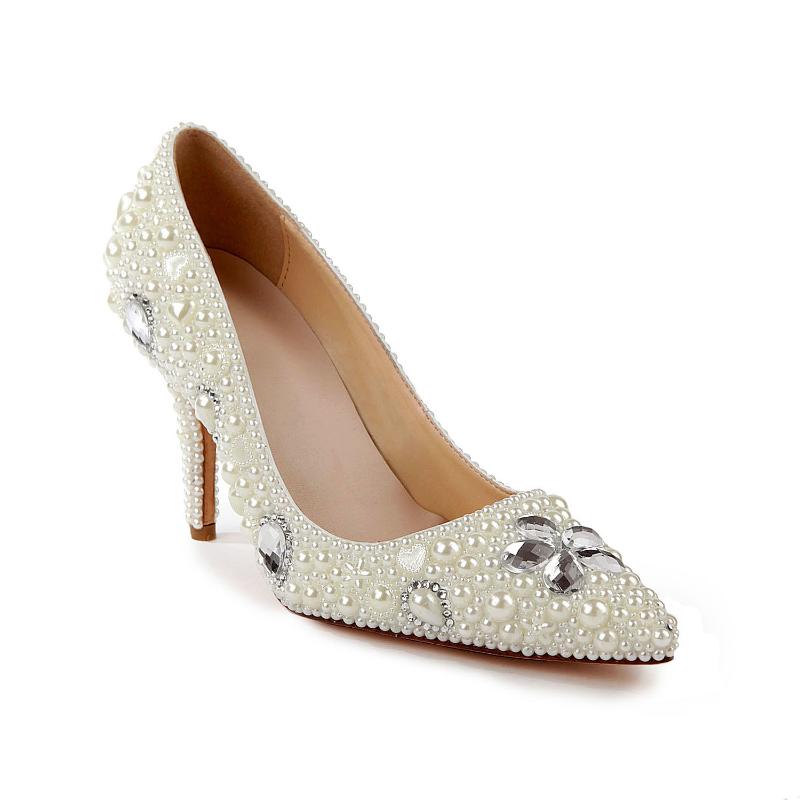 

Dream2020 Pointed High Fashion Women's Elegant Pearl Leather Thin Heel Diamond-studded Handmade Wedding Shoes Bride Bridesmaid, White