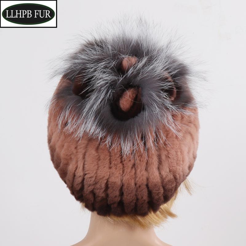 

New Women Natural Real Rex Fur Hat Knitted Winter Real Fur Top Flower Caps Lady Outdoor Super Warm Rex Hats, Black