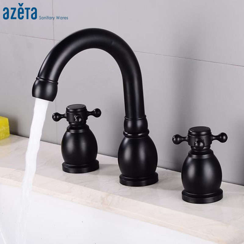 

AZETA Deck Mounted Black Bathrooom Faucet 3 Hole Double Handles Washbasin Sink Mixer Tap Hot and Cold Water Basin Faucet AT5868B