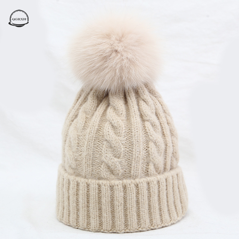 

Real Fur Pompom Wool Winter Hat for Women Girls Knit Skullies Beanies Thick Warm Velvet Fleece Bonnet Femme Natural Pom Pom Hat