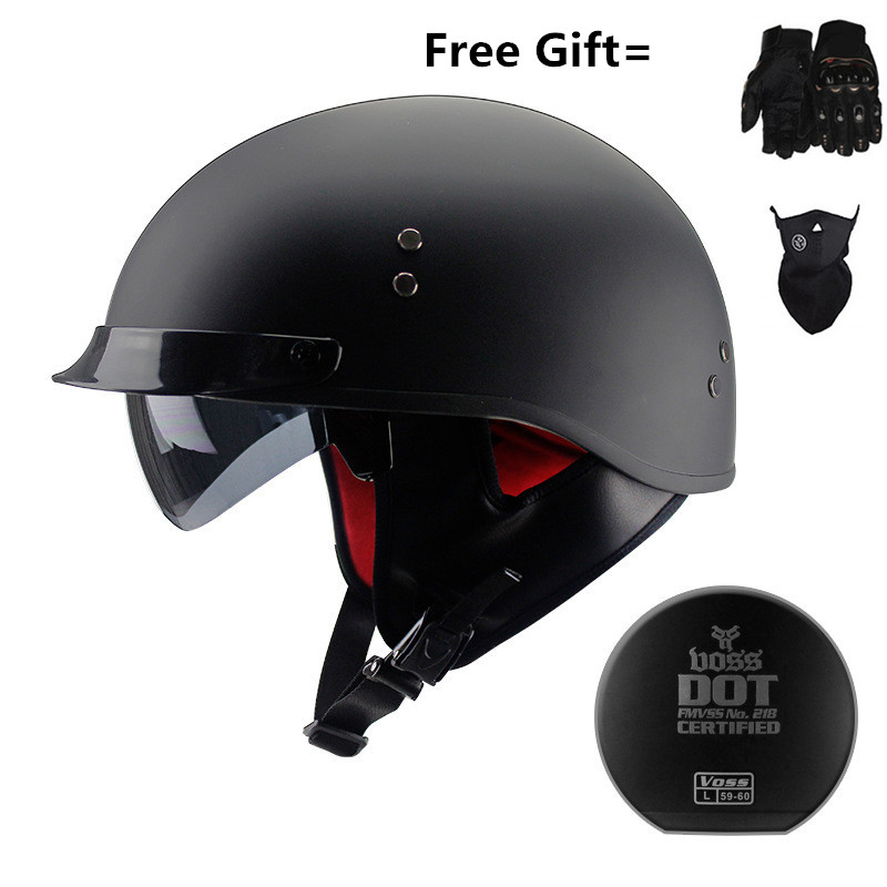 

VOSS helmet With Inner Sun Visor Vintage Half Face Motorcycle summer Helmet Casco Casque Moto Retro Helmets DOT with neckerchief, Gloss black