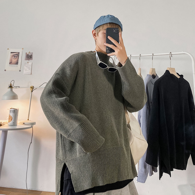 

Men' sweater 2020 autumn and winter new style handsome loose split pullover sweater young people fashion trend clothing, Black