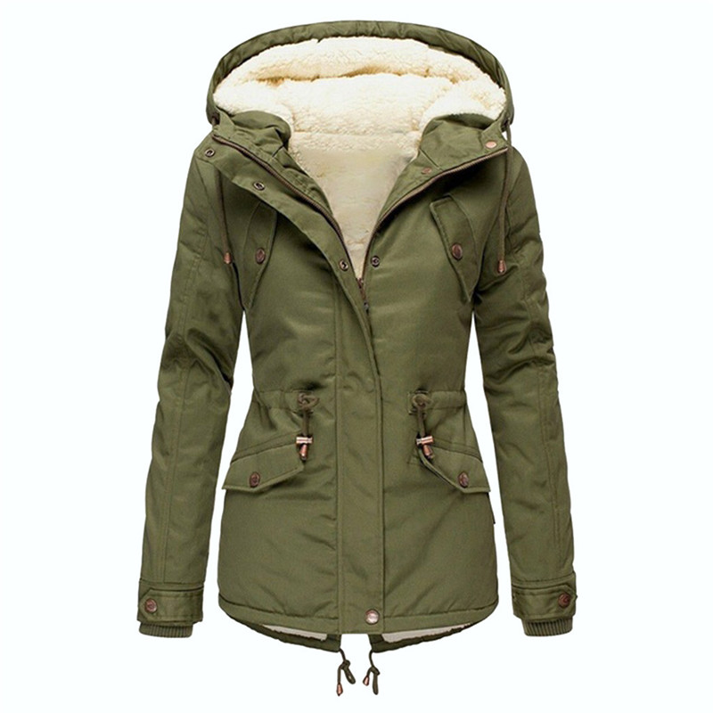 

Autumn And Winter Outdoor Hiking Jacket Hooded Mid-Length Cotton Soft shell Jacket Drawstring Waist Thickening Windbreaker Women, Red