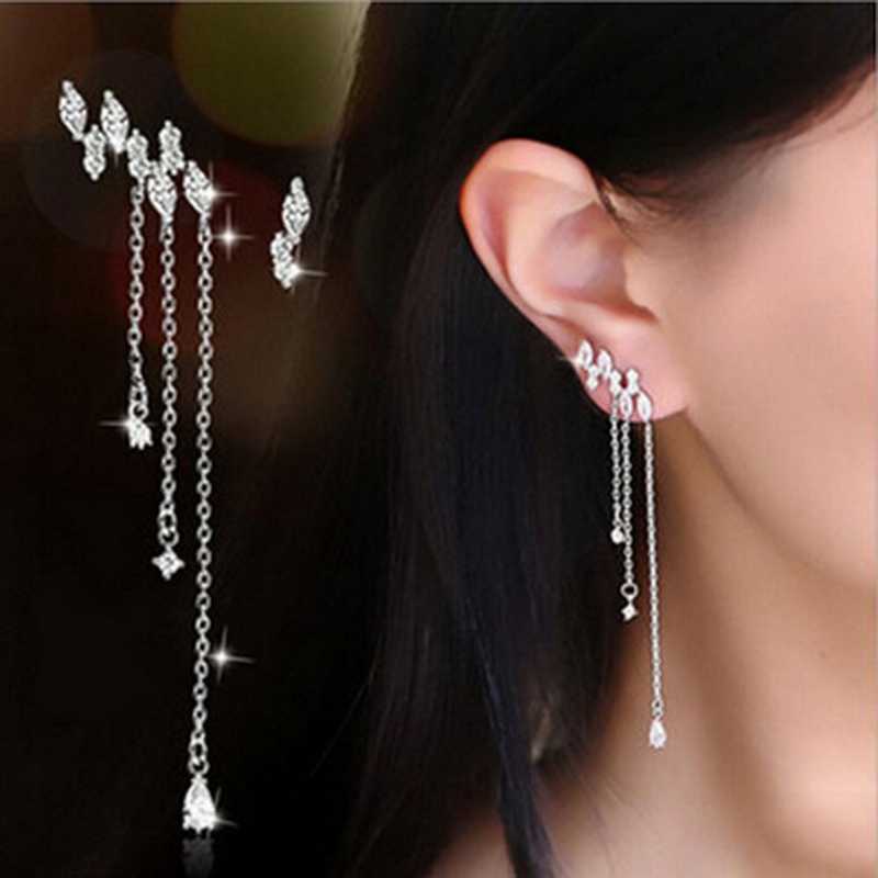 

S925 Sterling Silver Color Long Stud Earrings Tassel Bling Zircon Stone Cute Korean Earrings for Women Fashion Jewelry