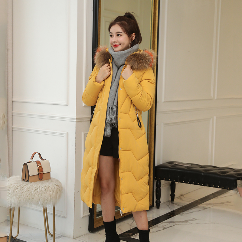 

X-long Hooded Women's Parkas Solid Slim Winter Jacket Women Plus Size Thick Fur Collar Cotton Padded Casual Female Cold Coat, Black brown fur