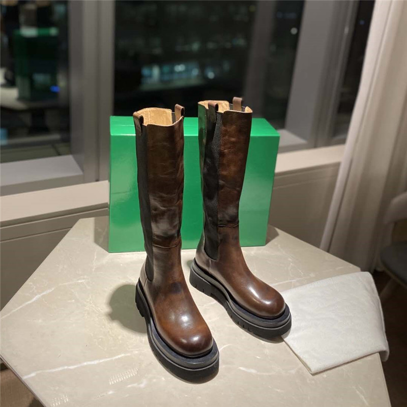 

Fashion Brand Knee High Boots Women Platform Heel Slip On Shoes Women Real Leather Long Boots Round Toe Top Quality Brand Shoes, As shown