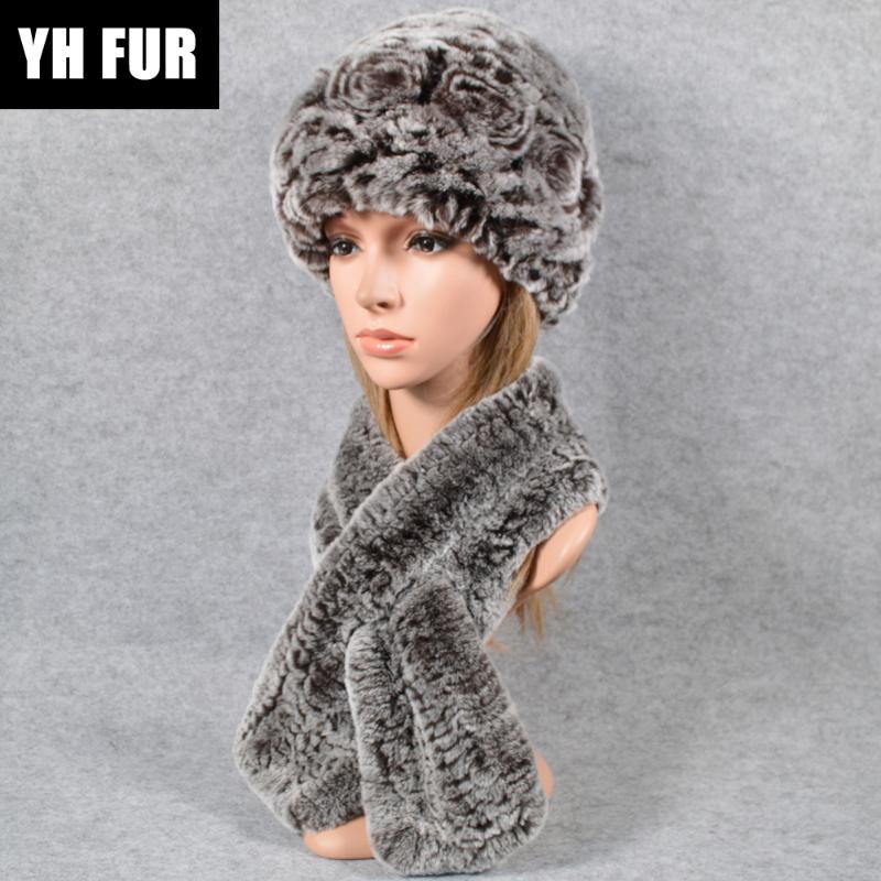 

New Women Warm 2 Pieces Sets Knit Real Rex Fur Hat Scarf Lady Rex Fur Cap Scarves Ring Shawl Hats, Grey 2