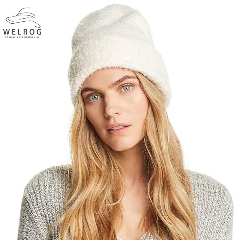 

WELROG Knitting Chenille Hats Caps Fashion Winter Women's Hairy Sports Hats Female Imitation Mane Solid Wild Warm Skullies, Black
