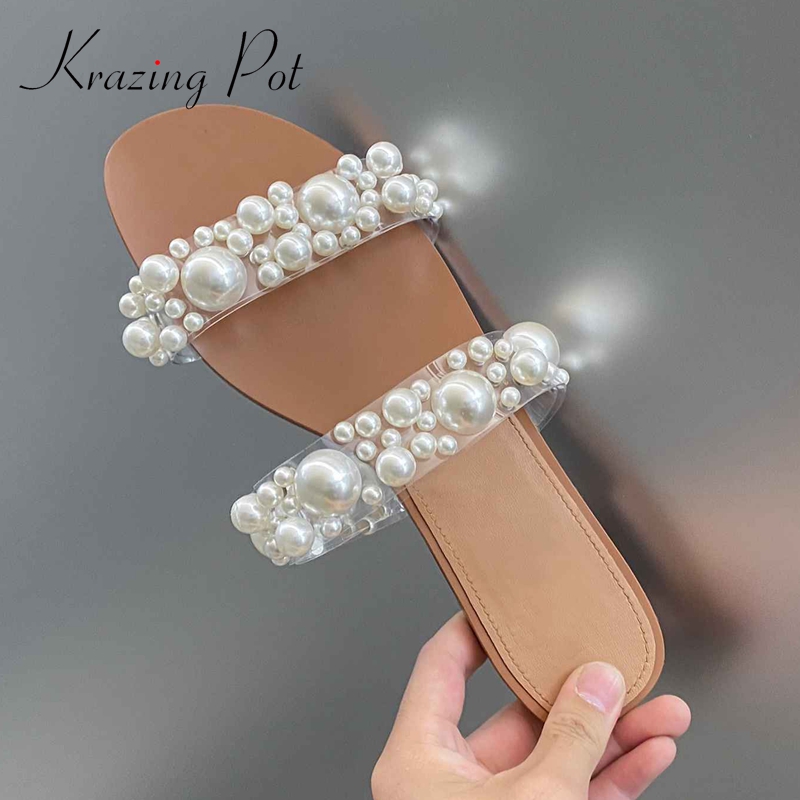 

Krazing pot gladiator leisure pearl decorations maiden dating low heel outside slipper young lady dress fashion shoes women L28, Clear