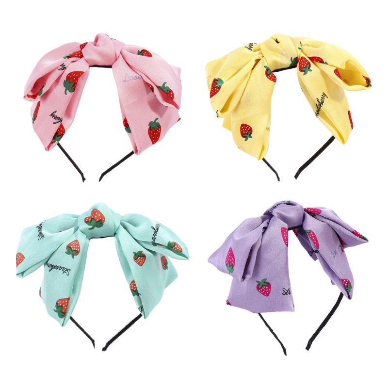 

Women Candy Color Strawberry Print Hair Hoop Double Layer Big Bowknot Headband