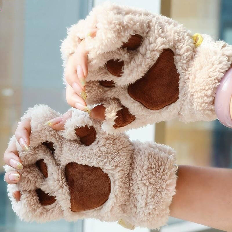 

Winter Women Cute Cat Claw Plush Gloves Mittens Half Finger Gloves Beige Gray Black Coffee