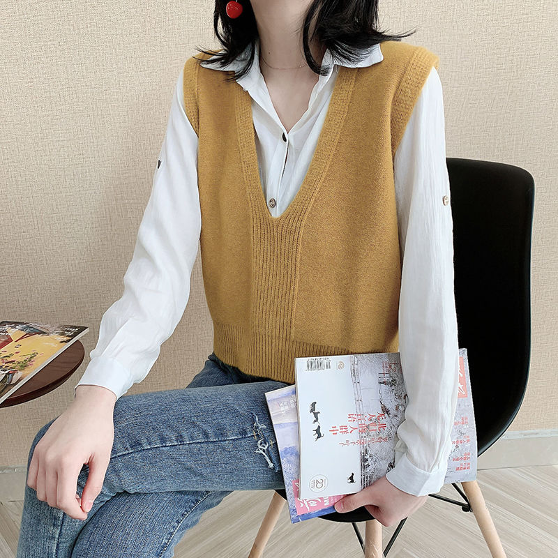 

New sweater vest women's knit sweater waistcoat Korean version loose v-neck pullover, Beige