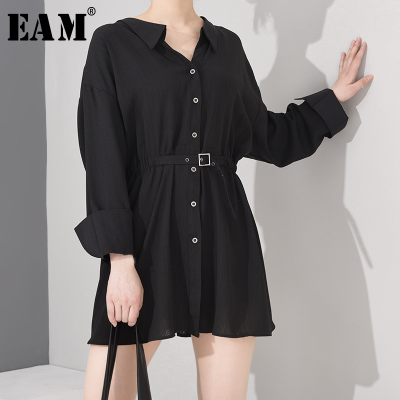 

EAM] Women Black Buckle Pleated Bandage Shirt Dress New V-Neck Long Sleeve Loose Fit Fashion Tide Spring Summer 2020 1U40201