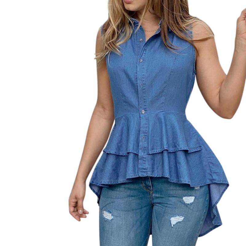 

Summer Sleeveless Bodycon Women Blouses 2020 Fashion Dovetail Shirts Turn-down Collar Denim Button Tops For Women ropa mujer D30, Blue