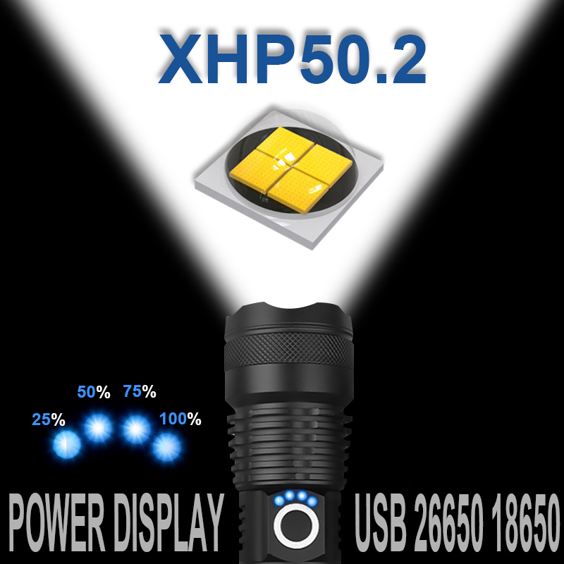 

Most Powerful XHP50.2 LED XHP50 Rechargeable USB Zoomable Tactical Torch 18650 26650 Hunting Lamp for Camping