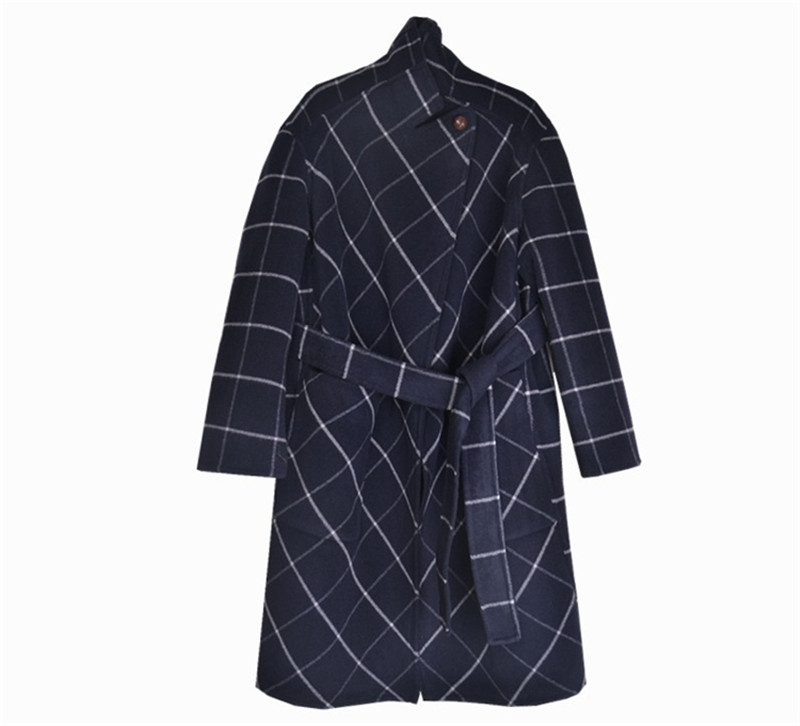 

double sided wear cashmere wool fabrics women's fashion winter coat mid-long plaid buckle collar /L/XL, Dark blue