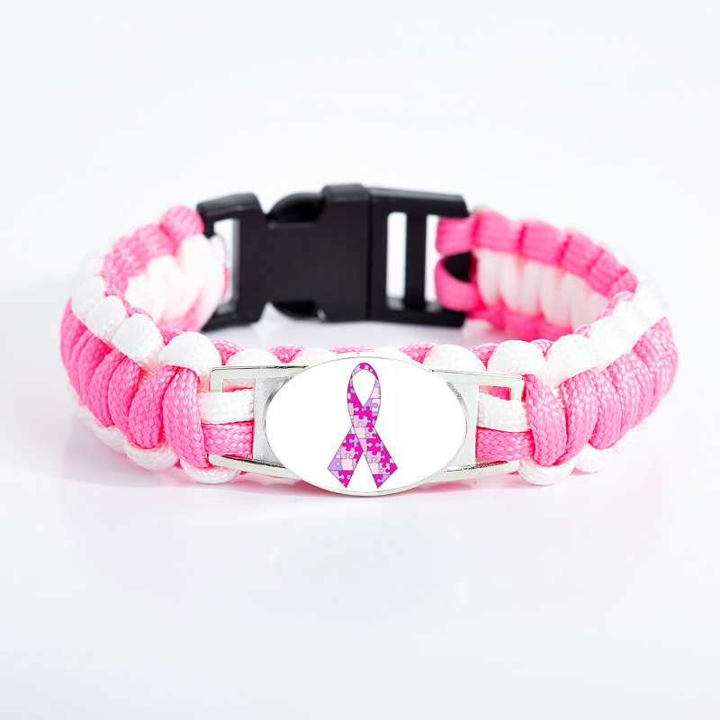 

Breast Cancer Awareness Pink Ribbon Charm Bracelet Colored Puzzle Autism Glass Dome Survival Paracord Bracelets For Women Kids