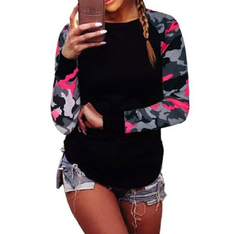 

Naiveroo Trendy Spring Patchwork Army Camouflage Women T Shirt Long Sleeve Round Neck Tees Tops T Shirts Plus Size -5XL, Black